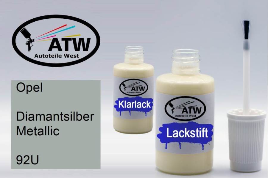 Opel, Diamantsilber Metallic, 92U: 20ml Lackstift + 20ml Klarlack - Set, von ATW Autoteile West.